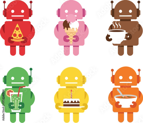 Six colorful robots enjoying food and drinks in a fun illustration for celebrations