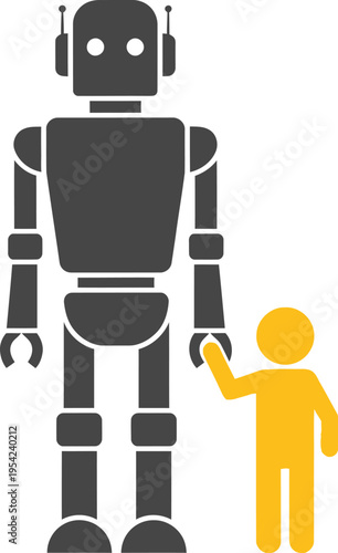 Giant robot and small yellow person standing together on checkerboard background in illustration