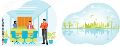 Office workers and eco friendly cityscape