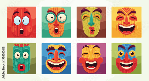 Vibrant abstract tribal masks in various colors and designs against a clean white background with a playful mood