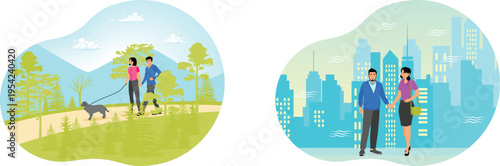 People walking with dogs and friends in different environments