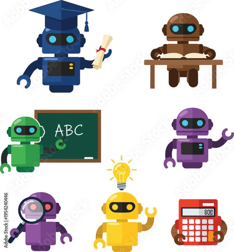 Educational robots and classroom characters, representing learning and knowledge in school settings