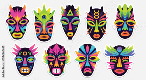 Vibrant abstract tribal masks with colorful patterns and designs against a clean white background