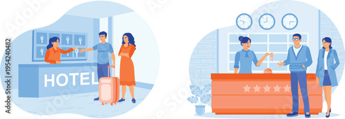 Hotel receptionists checking in guests