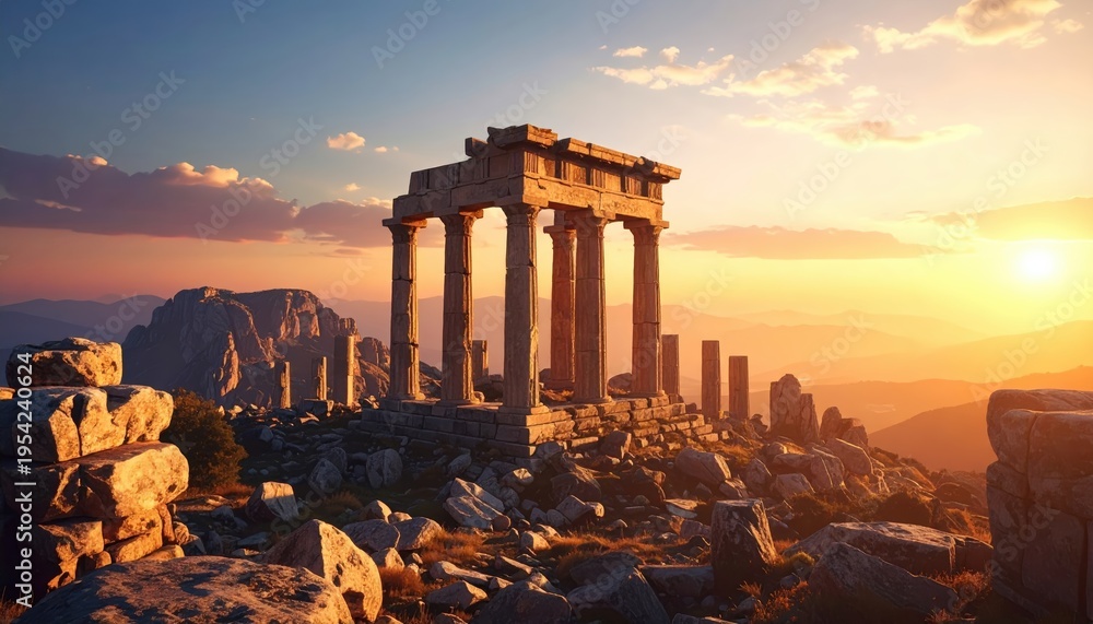Fototapeta premium Timeless Ruins at Sunrise: A Majestic Ancient Structure Bathed in Golden Light
