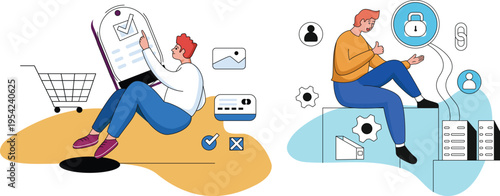 Two cartoon men sitting with ecommerce and security symbols