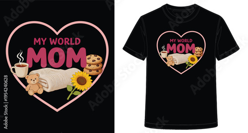 Mothers day tshirt design with heart and mom text on black tshirt and print