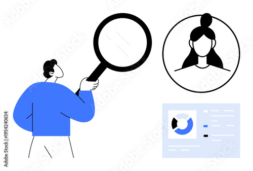 Identity verification. Person examining a profile picture using a magnifying glass identity verification. Emphasis on identity in digital security and data management. security, data analysis