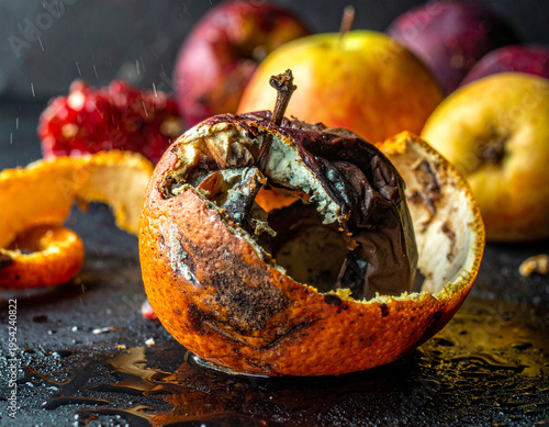 Rotten fruit peel creating a vibrant texture of decay on a dark, wet surface.