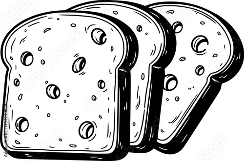 Three slices of bread with holes, black and white illustration
