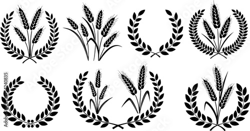 Black wheat stalks and laurel wreaths grain ears
