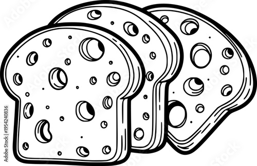 Three slices of bread with holes, black and white illustration
