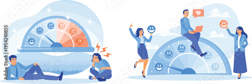 People showing various emotions on a speedometer