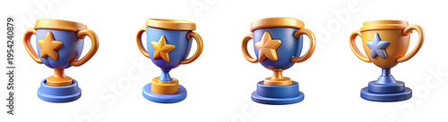 Set of 3d trophy icons with gold stars and blue and orange elements isolated on transparent background