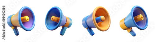 Set of 3d render illustrations of colorful megaphones isolated on transparent background
