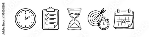 Hand-drawn doodle icons for time management, productivity, and planning featuring a clock, checklist, hourglass, target with stopwatch, and calendar. Minimalist black line art on white background.