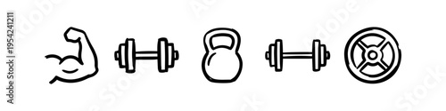 Minimalist set of hand-drawn fitness icons including a flexing muscle, dumbbells, kettlebell, and weight plate in a black line art doodle style on a white background.