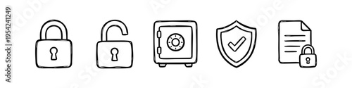 Set of hand-drawn security icons: closed/open padlocks, safe box, shield with checkmark, and locked document. Minimalist black doodle style on white for data protection and cyber security concepts.