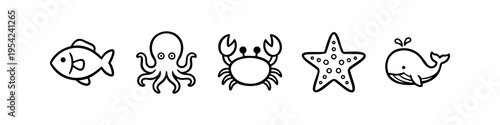 Set of minimalist black line art sea creature icons featuring a fish, octopus, crab, starfish, and whale. Simple nautical graphics isolated on white, ideal for coloring pages and logo design.