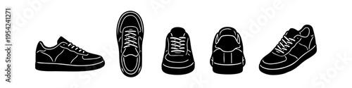 Set of black sneaker silhouettes showing five different angles: side, top, front, back, and perspective views. Minimalist footwear icons isolated on a white background for design projects.