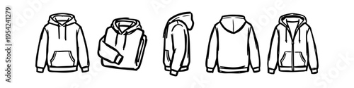 Hand-drawn sketches of hoodies in different views: front, back, side, folded, and zip-up. Minimalist black line art apparel template for fashion design and clothing mockups.