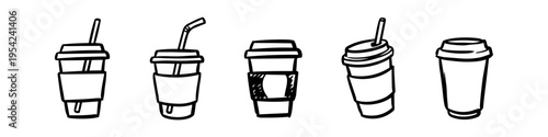 Set of hand-drawn coffee cup doodles in black ink on a white background. Five various styles of takeaway beverage containers with lids and straws, ideal for cafe branding or menus.