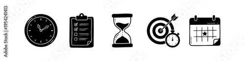 Set of hand-drawn time management and productivity icons in a minimalist black and white doodle style, featuring a clock, checklist, hourglass, target with stopwatch, and calendar.
