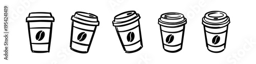 Set of five hand-drawn coffee cup icons in a black ink doodle style, isolated on white background. Perfect for cafe menus, coffee shop branding, and creative beverage-themed designs.