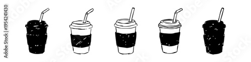 Five artistic charcoal sketches of disposable coffee cups with lids and straws arranged in a row. Minimalist black and white hand-drawn illustration on a white background.