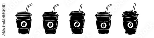 Row of five hand-drawn black ink iced coffee cups with straws and sleeves, minimalist doodle illustration on white background, perfect for cafe branding or menus.
