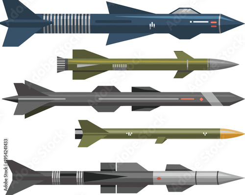 Modern rocket icons set, flat vector spacecraft collection, space launch vehicles illustration, futuristic aerospace design, isolated minimal rocket symbols pack