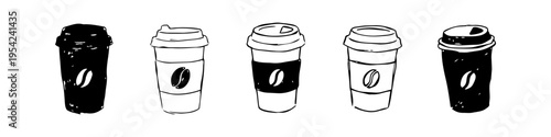 Hand-drawn set of five disposable coffee cups in a row, featuring charcoal-style sketches with coffee bean logos on a white background. Minimalist black and white takeaway cup illustration.