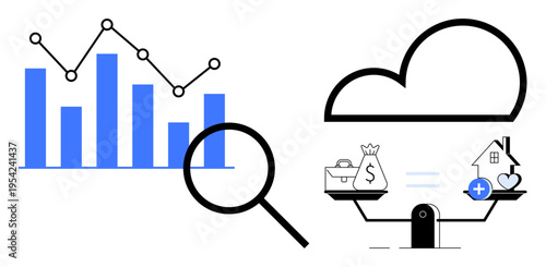 Data analytics concept. Data analytics with charts, magnifying glass, and financial balance. Data analytics is integral to cloud-based business, finance, and technology insights. Broad uses include
