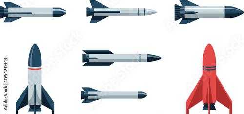 Modern military missile collection, detailed rocket weapons set with guided systems, ballistic and cruise missiles, defense technology vector illustration isolated