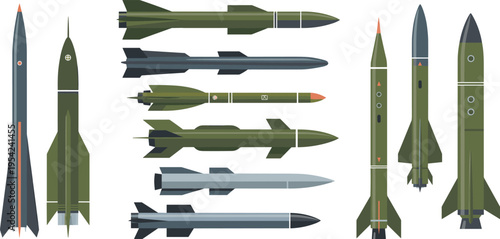 Military missile and rocket collection illustration, detailed defense weapon systems, aerospace technology set, modern armament designs, vector isolated graphics