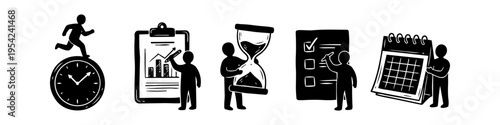 Hand-drawn doodle icons for time management, productivity, and planning featuring a clock, checklist, hourglass, target with stopwatch, and calendar. Minimalist black line art on white background.