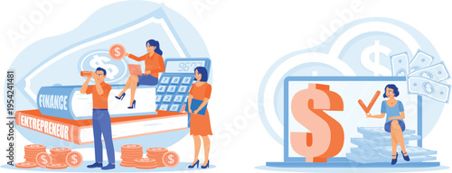 People engaging in financial activities with money and calculators