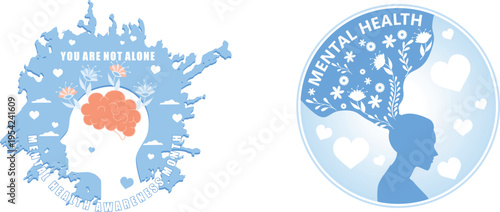 Mental health awareness symbols with flowers and hearts