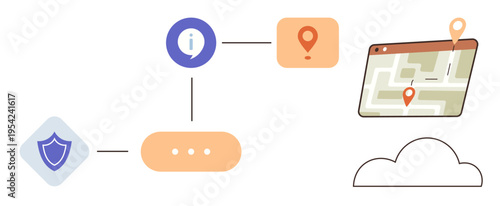 Data security, cloud services, geolocation tracking, navigation, digital mapping, network safety. Visual of map icons, location pins and a cloud. Data security and cloud services concept