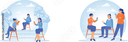 People sitting and standing while using their phones and reading