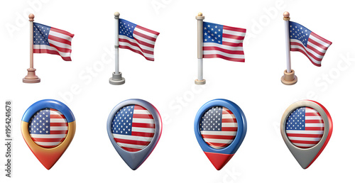 3d render of united states of america flags and map location pins isolated on transparent background