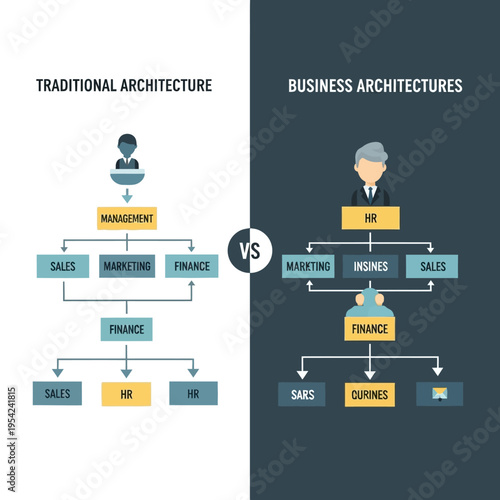 Comparison of Traditional Hierarchical Architecture versus Modern Business Architecture organizational structures.
