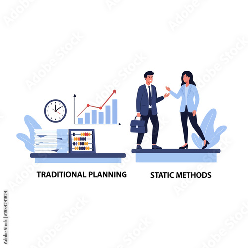Illustration comparing traditional planning methods with static methods, featuring business professionals, charts, and an abacus.