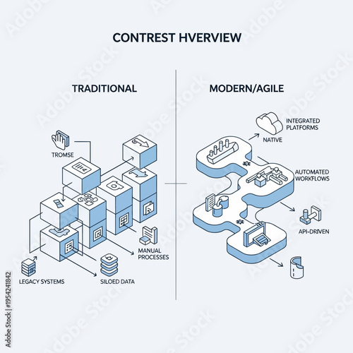 Comparison of traditional and modern/agile approaches to system architecture, highlighting legacy systems versus integrated platforms and manual processes versus automated workflows.