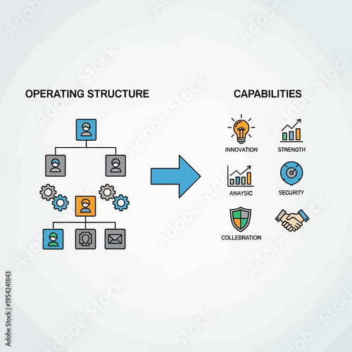 Visual representation of how an operating structure transforms into organizational capabilities, illustrating key business functions.
