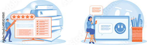 People interacting with digital ratings and feedback on screen