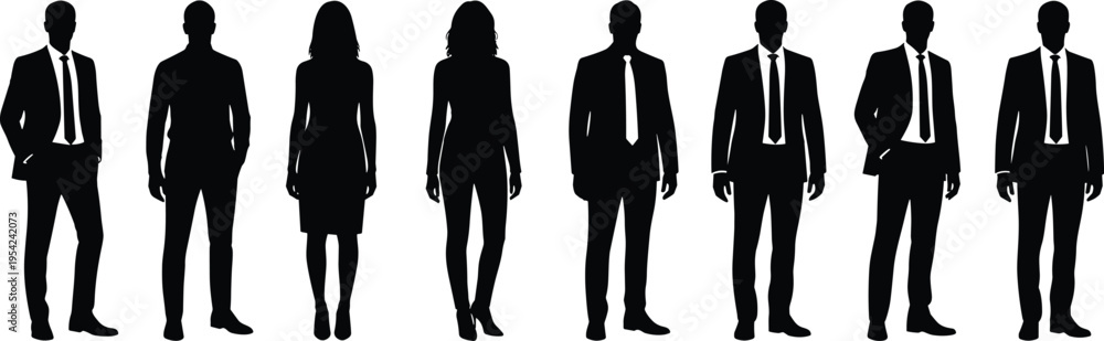 Fototapeta premium Silhouettes of diverse business professionals in suits and dresses, standing side by side, symbolizing workplace diversity and representation