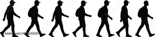 Silhouettes of a person walking with backpack and cap, showing continuous motion cycle phases for animation and biomechanics study