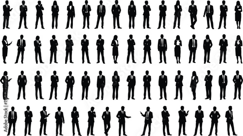 Silhouettes of business professionals in formal attire, standing and gesturing with documents and devices, representing corporate diversity and teamwork
