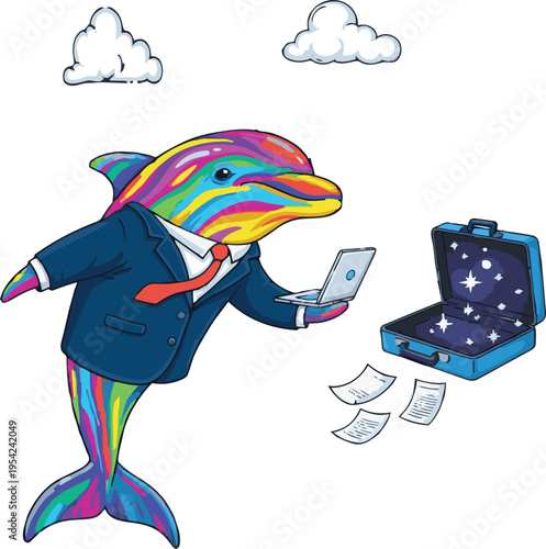 Dolphin Entrepreneur: An imaginative depiction of a vibrant, multicolored dolphin in a business suit, showcasing ambition and innovation, alongside a magical briefcase and a laptop.